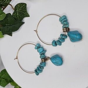 Boho Gold Hoop Earrings with Turquoise Blue Howlite Natural Stone